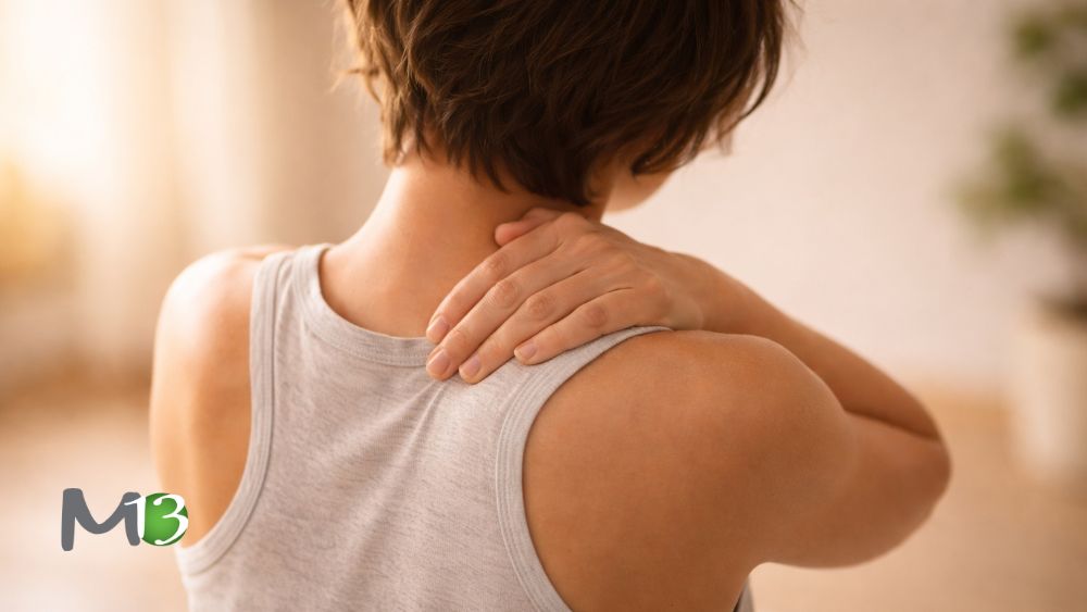 Femme portant la main à sa nuque, aux prises avec une douleur au cou